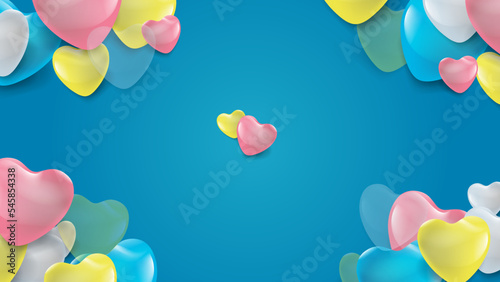 Blue gold pink Valentine christmas new year 3d design background with love heart shaped balloon. Vector illustration, greeting banner, card, wallpaper, flyer, poster, brochure, wedding invitation