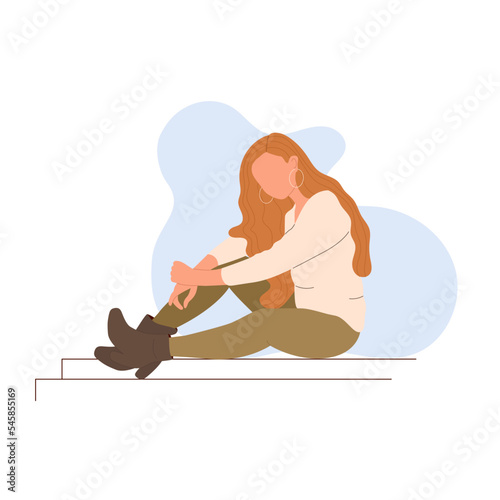 Pretty girl sitting on the stairs. Trendy young woman posing. Female character with tilted head to side. Flat vector illustration 