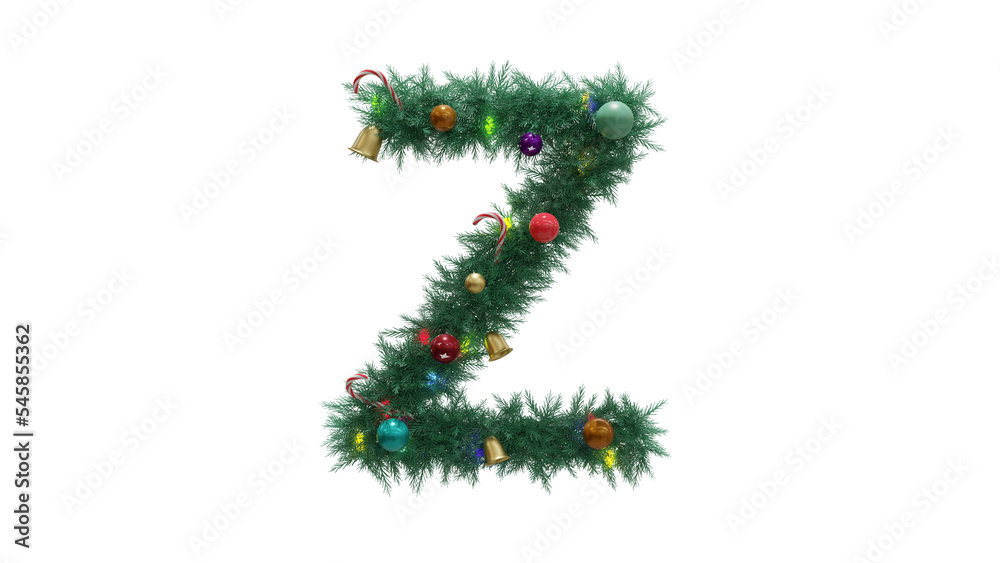 Capital letter Z from Christmas tree twigs with decorations on transparent background. Christmas alphabet. Letters from Christmas tree branches with decorations. 3d illustration Capital letter Z from Christmas tree twigs with decorations on transparent background. Christmas alphabet. Letters from Christmas tree branches with decorations. 3d illustration