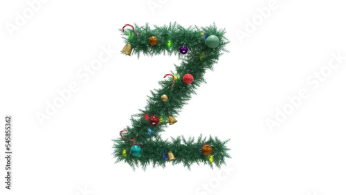 Capital letter Z from Christmas tree twigs with decorations on transparent background. Christmas alphabet. Letters from Christmas tree branches with decorations. 3d illustration