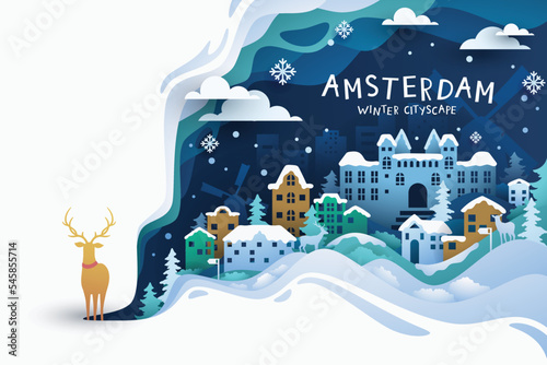 Amsterdam famous landmarks travel banner in winter