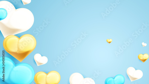 Blue gold and white Valentine christmas new year 3d design background with love heart shaped balloon. Vector illustration, greeting banner, card, wallpaper, flyer, poster, brochure, wedding