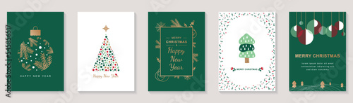 Merry Christmas and Happy New Year 2023 brochure covers set. Xmas minimal banner design with festive trees with toys, balls and other symbols. Vector illustration for flyer, poster or greeting card.