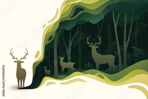 Deer in natural forest layered shape wavy background in paper cut style