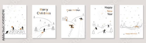 Merry Christmas and Happy New Year 2023 brochure covers set. Xmas minimal banner design with people doing seasonal fun activities in white snow. Vector illustration for flyer, poster or greeting card.