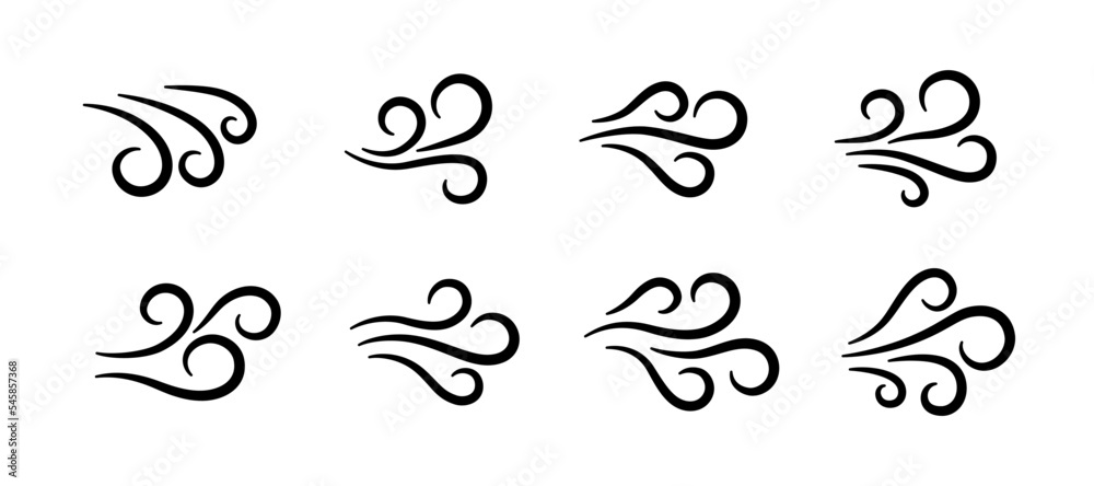 Hand drawn wind air flow icon set. Free breath symbol. Fresh air flow sign. Doodle wind blow icons collection. Weather symbol. Climate design element. Vector illustration isolated on white background. - obrazy, fototapety, plakaty 
