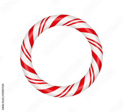 Christmas candy cane circle frame with red and white striped. Xmas border with striped candy lollipop pattern. Blank christmas and new year template. Vector illustration isolated on white background.