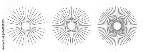 Radial circle lines. Circular radiating lines geometric element. Sun star rays symbol. Abstract geometric shapes. Design element. Vector illustration isolated on white background.