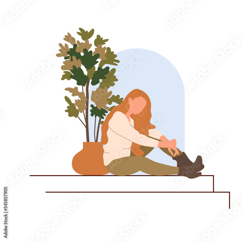 Pretty girl sitting on the stairs in the park. Trendy young woman posing. A female character with a tilted head to side. Flat vector illustration 