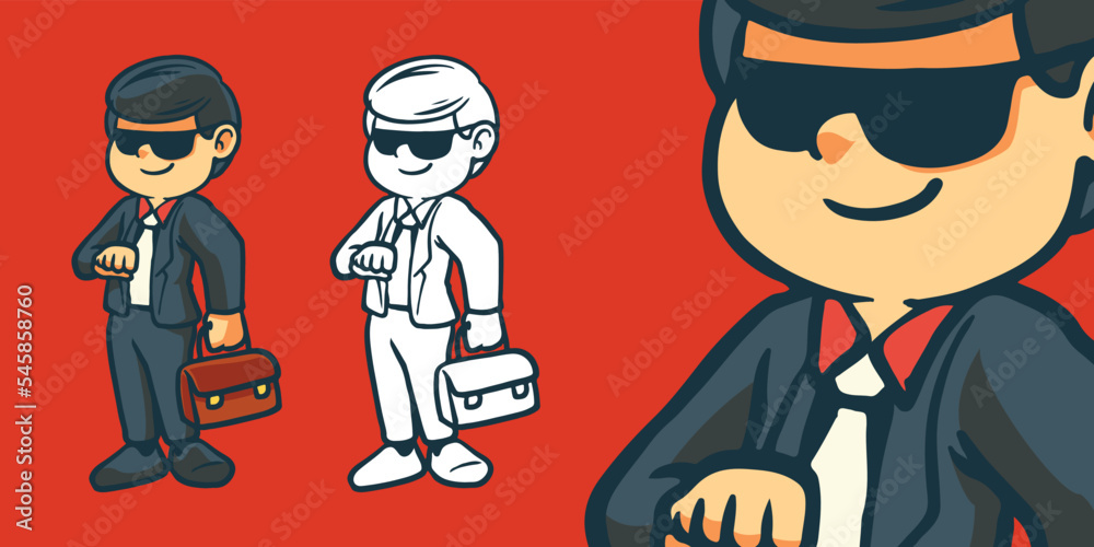 Hand drawn Children cartoon activities as a businessman isolated on red background.