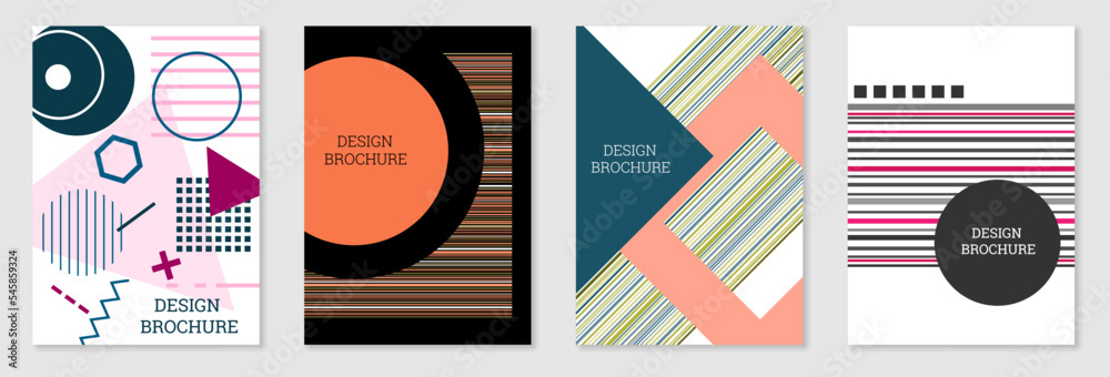 Set of cover design in Memphis style. Geometric design, abstract background. Fashionable bright cover, banner, poster, booklet. Creative colors. Set of cover design in Memphis style. Geometric design, abstract background. Fashionable bright cover, banner, poster, booklet. Creative colors.