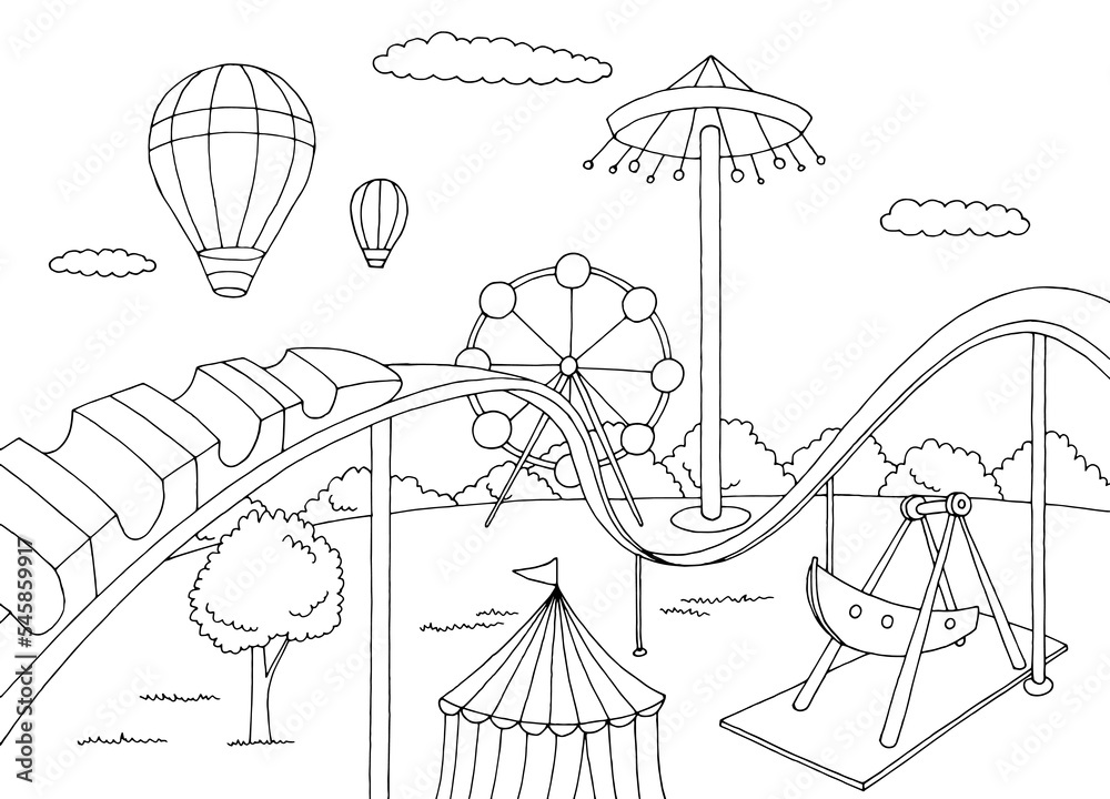 Amusement park landscape graphic black white sketch illustration vector
