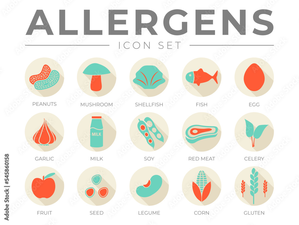 Retro Allergens Icon Set. Allergens, Mushroom, Shellfish, Fish, Egg, Garlic, Milk, Soy Red Meat, Celery, Fruit, Seed, Legume and Corn Gluten Allergen Icons