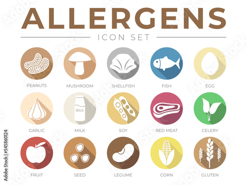 Colorful Allergens Icon Set. Allergens, Mushroom, Shellfish, Fish, Egg, Garlic, Milk, Soy Red Meat, Celery, Fruit, Seed, Legume and Corn Gluten Allergen Icons