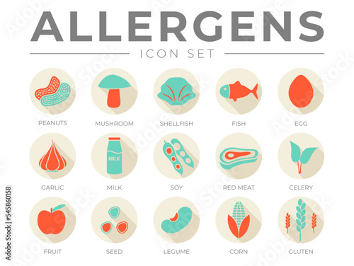 Retro Allergens Icon Set. Allergens, Mushroom, Shellfish, Fish, Egg, Garlic, Milk, Soy Red Meat, Celery, Fruit, Seed, Legume and Corn Gluten Allergen Icons