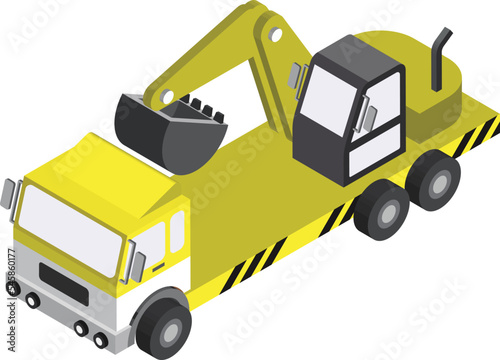 Trucks and excavator illustration in 3D isometric style