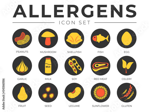 Black Colorful Allergens Icon Set. Allergens, Mushroom, Shellfish, Fish, Egg, Garlic, Milk, Soy Meat, Celery, Fruit, Seed, Legume and Sunflower Gluten Allergy Icons
