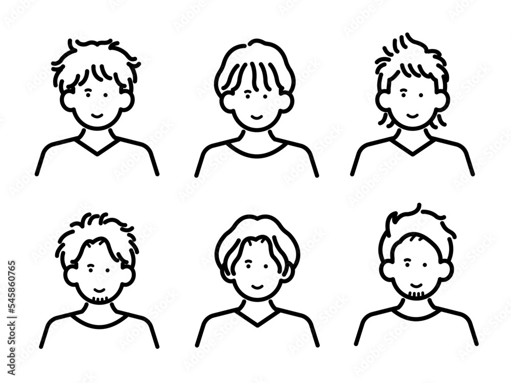 くせ毛を活かしたヘアスタイルの男性のアバターイラストセット　線画のみ