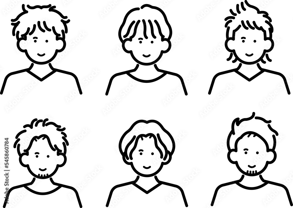 くせ毛を活かしたヘアスタイルの男性のアバターイラストセット 線画のみ くせ毛を活かしたヘアスタイルの男性のアバターイラストセット 線画のみ