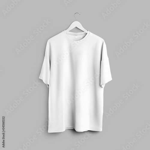 Mockup of white oversized t-shirt with round neckline hanging on hanger isolated on background, front view.