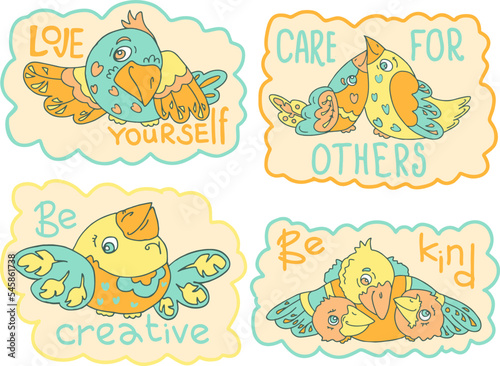 Collection of pictures with fantasy birds for gingerbread or cookies.