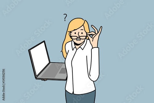 Frustrated businesswoman with laptop feel confused with problem on gadget. Stunned woman with computer shocked with news on device. Vector illustration. 