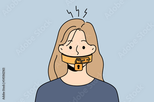 Unhappy young woman with lock on mouth suffer from censorship and communication ban. Stressed female restricted from talking and opinion. Vector illustration. 