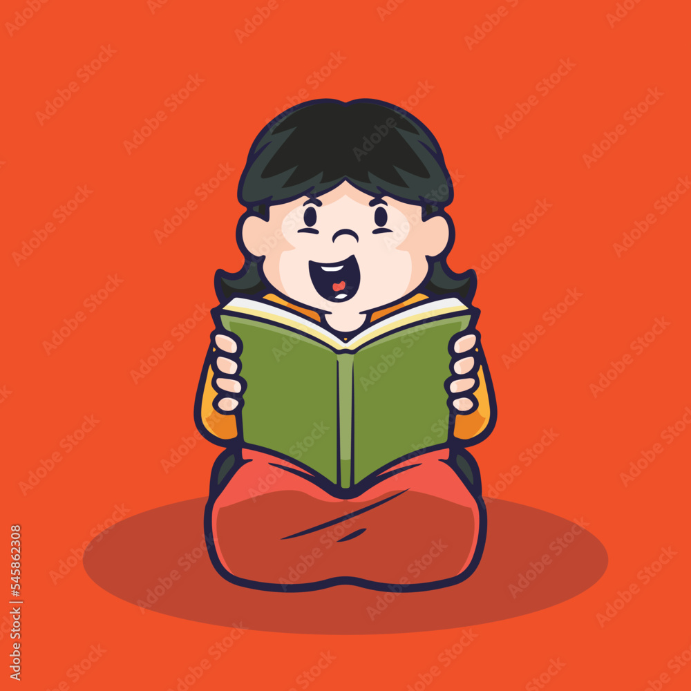 Hand drawn children cartoon activities of a girl reading book. Hand drawn children cartoon activities of a girl reading book.