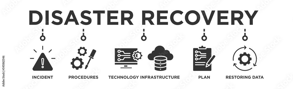 Disaster recovery banner web icon vector illustration concept for technology infrastructure with an icon of the incident, procedures, database, server, computer, plan, and recovery data system Disaster recovery banner web icon vector illustration concept for technology infrastructure with an icon of the incident, procedures, database, server, computer, plan, and recovery data system