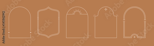 Line arch frame set. Minimal line style arch, oval shape boho frame element for badge, logo design. Vector illustration.