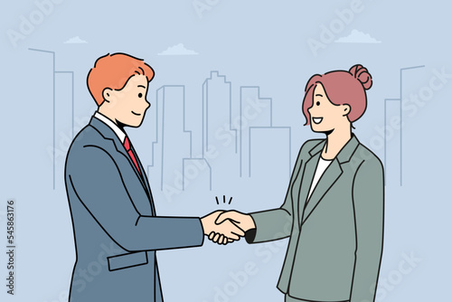 Smiling businesspeople handshake greeting getting acquainted. Happy business partners shake hands close deal or make agreement. Vector illustration. 