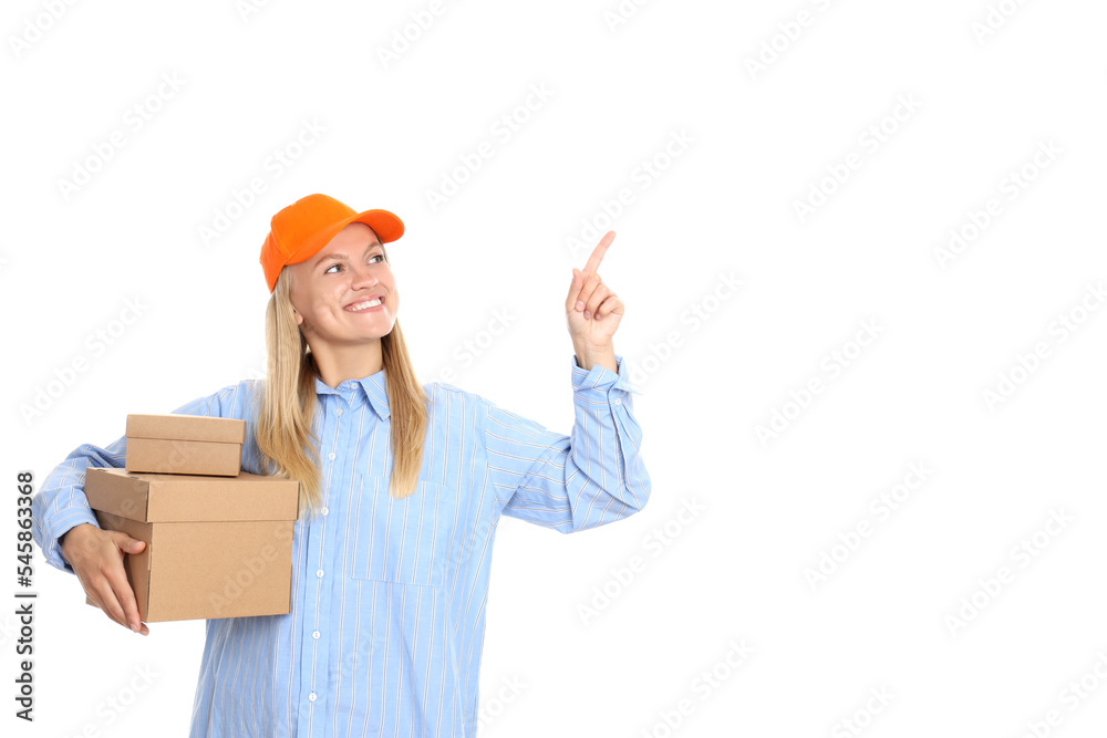 Concept of delivery, surprise, gift, young woman and cardboard box, isolated on white background Concept of delivery, surprise, gift, young woman and cardboard box, isolated on white background