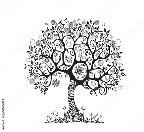 Tree of life hand drawn sketch in doodle style Vector illustration.