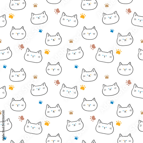 Seamless Pattern with Cartoon Cat Face and Paw Design on White Background