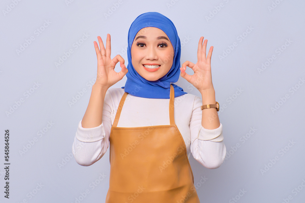 Smiling pretty young barista girl in apron showing okay sign isolated on white background Smiling pretty young barista girl in apron showing okay sign isolated on white background