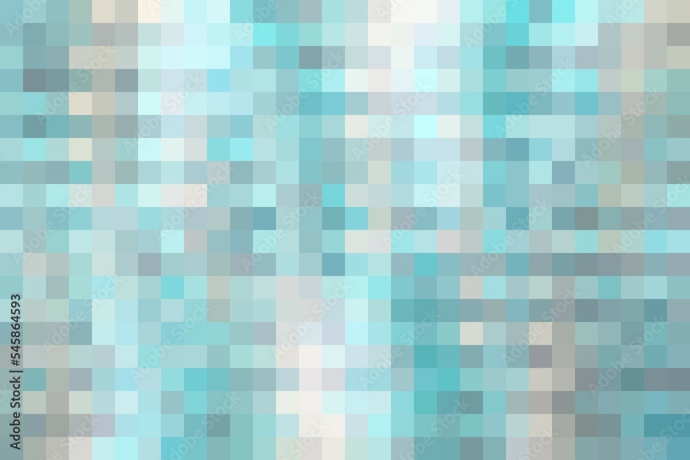 Abstract pattern color combination, pixel effect. Squares in neon blue turquoise green grey colors, light pastel and bright shades, nuances. Fresh modern background, fashion trend in color combination