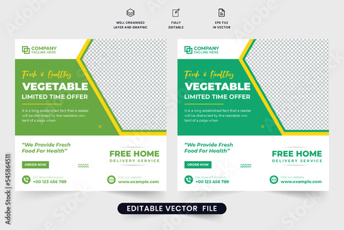 Creative vegetable business promotion poster template with green and yellow colors. Vegetarian restaurant advertisement poster design for social media marketing. Organic food social media post vector.