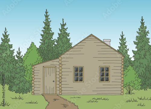 Wood cabin house graphic color landscape sketch illustration vector 