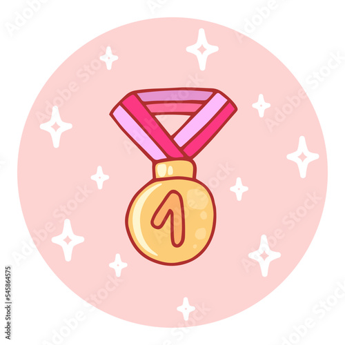 Cute hand-drawn medal for winner in doodle cartoon style. Round composition in neutral candy colors. Kawaii element for card, social media banner, sticker, kids playroom decor. Vector illustration