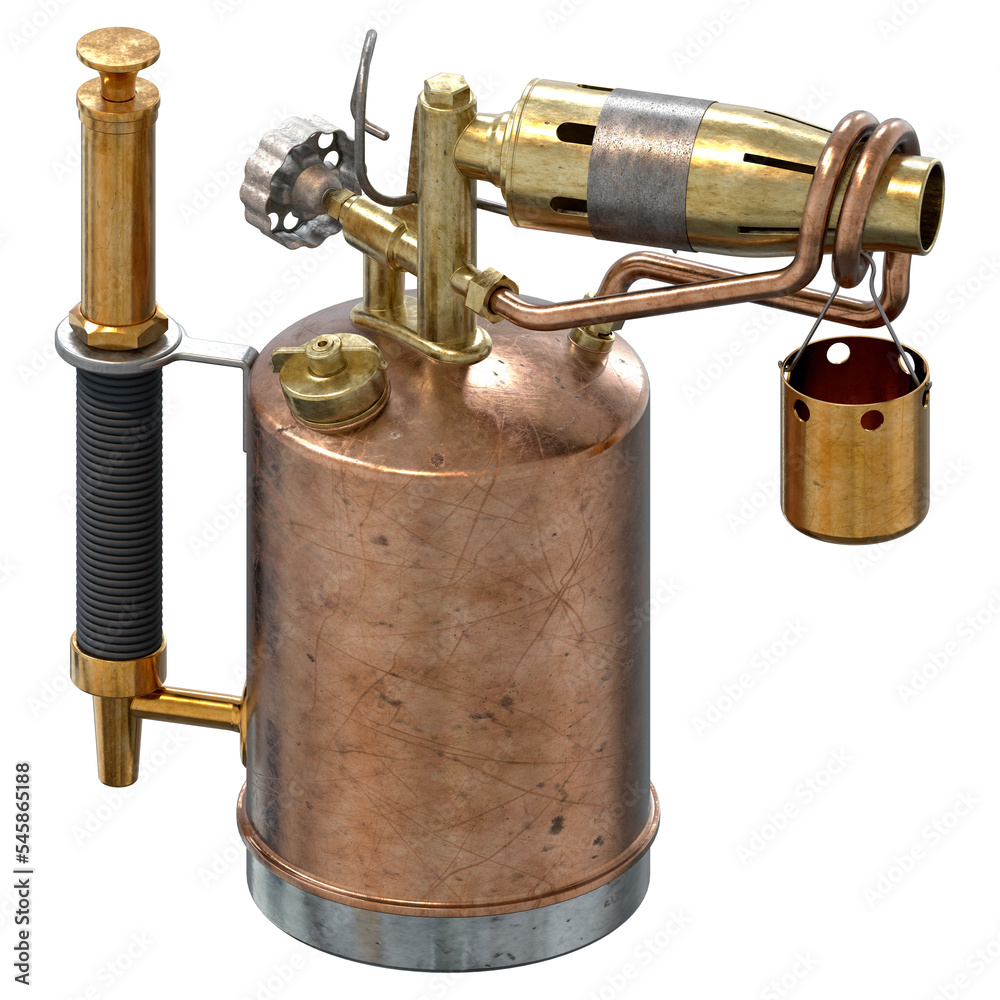 Early 20th century copper-bodied gasoline blowtorch. 3d rendering Early 20th century copper-bodied gasoline blowtorch. 3d rendering