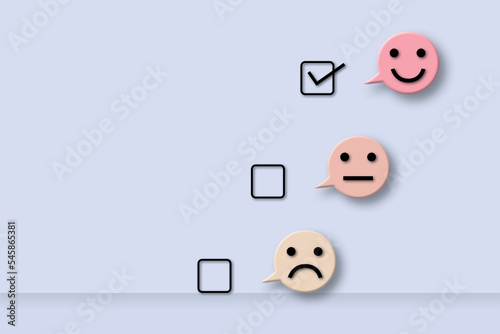 Customer evaluation or positive feedback concept rating. Check mark to select happy face circle on pastel background. copy space for text. illustration of 3D paper cut design style.