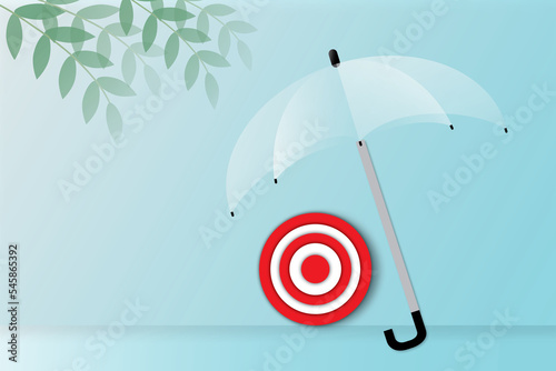 Red target icon or dartboard with white umbrella and leaf on pastel blue wall background. Goal or success and protection concept. copy space for the text. illustration paper cut design style.