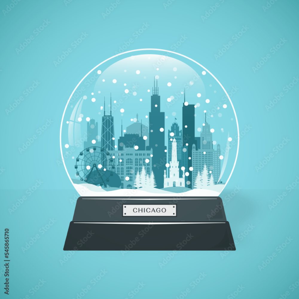 Fototapeta premium Chicago City skyline snow globe. Merry Christmas and Happy New Year Chicago. Vector illustration.