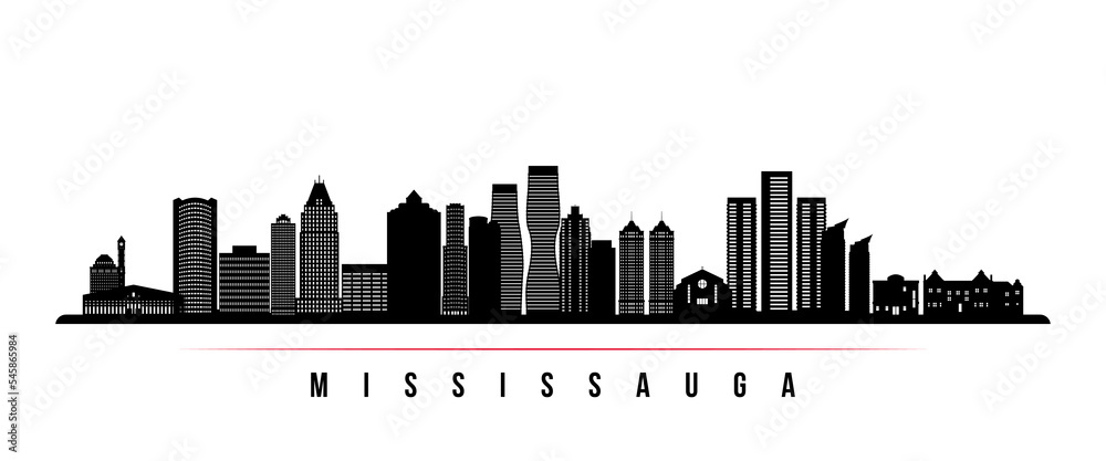 Mississauga skyline horizontal banner. Black and white silhouette of Mississauga, Ontario. Vector template for your design.