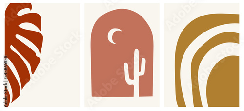 Collection of minimalistic simple modern abstract landscapes in boho style: moon and cactus, monstera leaf and geometric shapes on a colored background