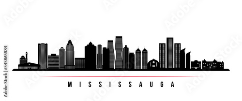 Mississauga skyline horizontal banner. Black and white silhouette of Mississauga, Ontario. Vector template for your design.