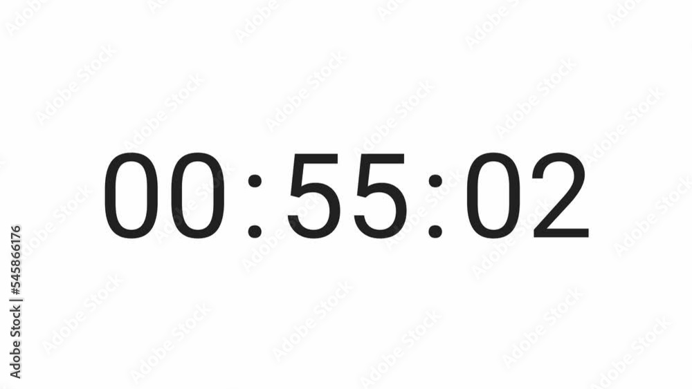 Stylish 60 seconds (1 minute) digital countdown clock timer. Black text number on isolated white background. Simple and minimal 4K footage motion graphic. Black and white colour. 6 digits