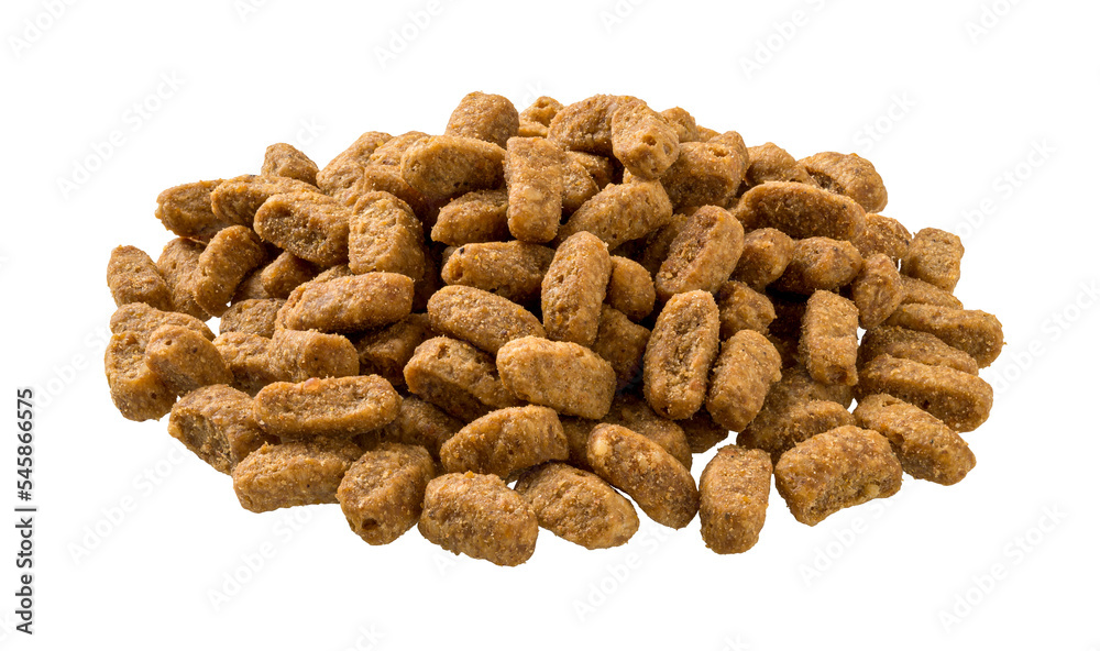 Pile of dry food for kittens cutout. Heap of small protein kibbles for young carnivore animals isolated on a white background. Complete dry food for pets. Veterinary diet concept. Pile of dry food for kittens cutout. Heap of small protein kibbles for young carnivore animals isolated on a white background. Complete dry food for pets. Veterinary diet concept.