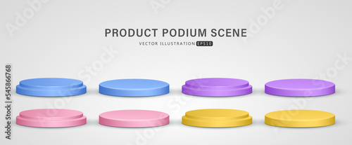 Set of realistic blue, pink, yellow and purple cylinder step pedestal podium shadow isolate in white background for scene show product display. 3D vector