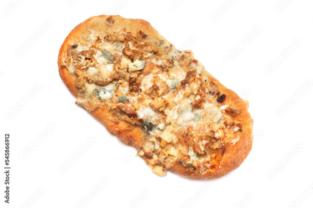 Fresh baked focaccia or pizza with pieces of meat and cheese close-up. Fresh baked focaccia or pizza with pieces of meat and cheese close-up.